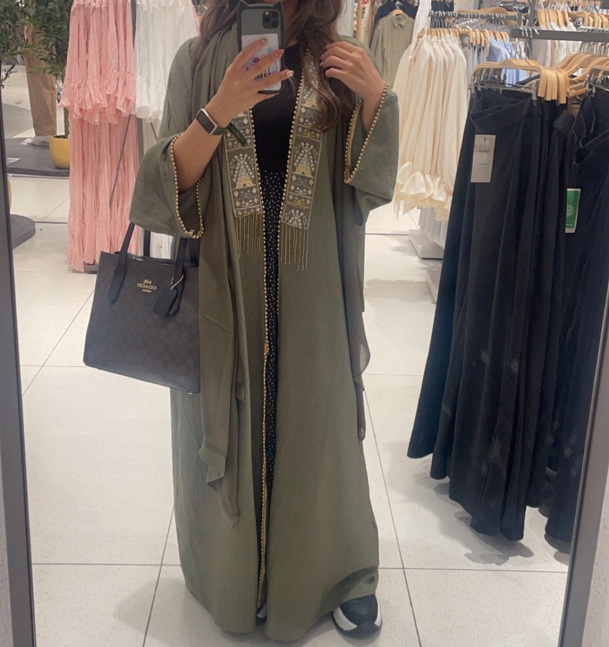 Luxury Embroidered Saudi Abaya Royal Olive Color (160cm)