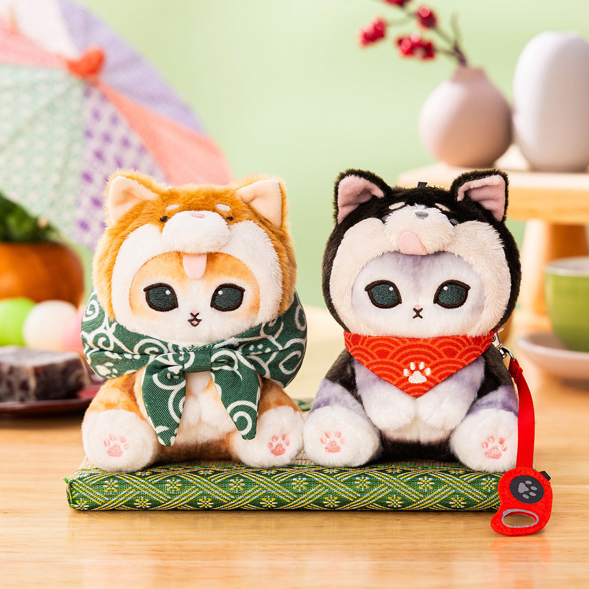 mofusand Shiba Inu Cat Mascot Keychain with Black Bandana