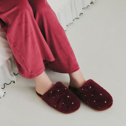 Eco Fur Pearl Room Shoes Dark Red