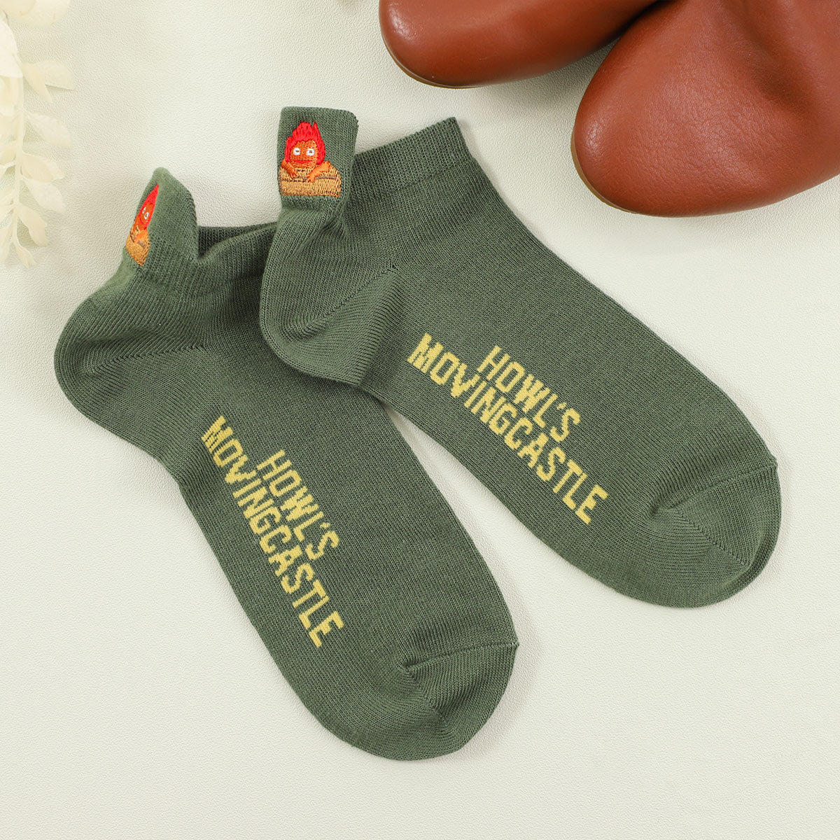 Howl's Moving Castle Heel Embroidered Sneaker Socks Calcifer 23-25cm Green