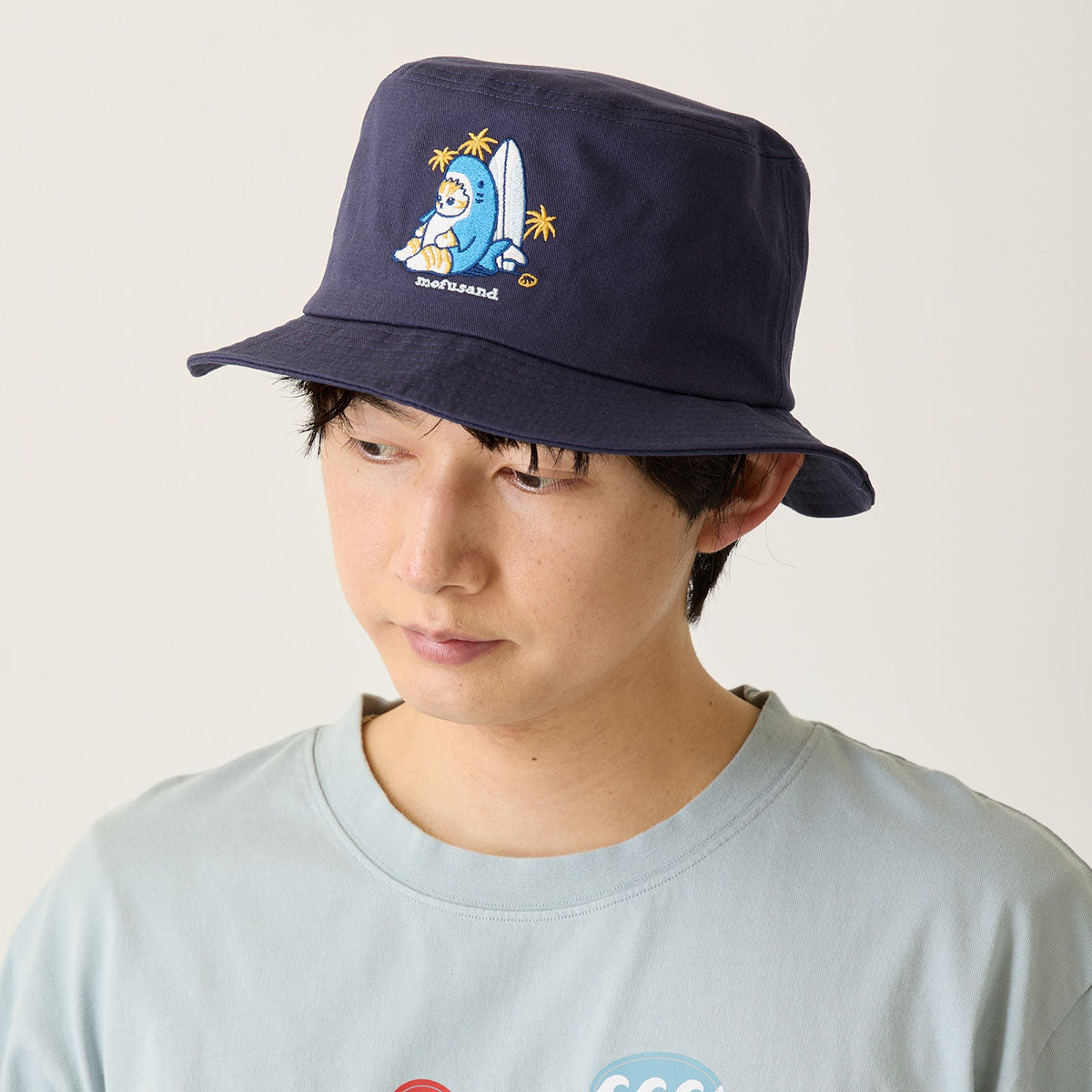 mofusand Board Shark Bucket Hat Navy Cotton Embroidered Cap