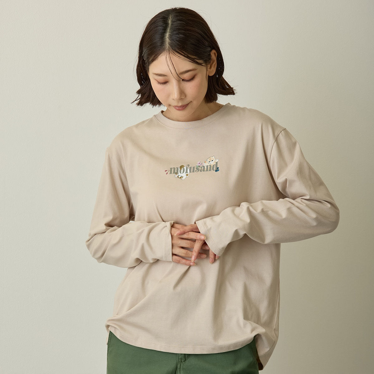 mofusand x Hibiya Kadan Leaf Pattern Beige Long Sleeve T-Shirt 4570189209212