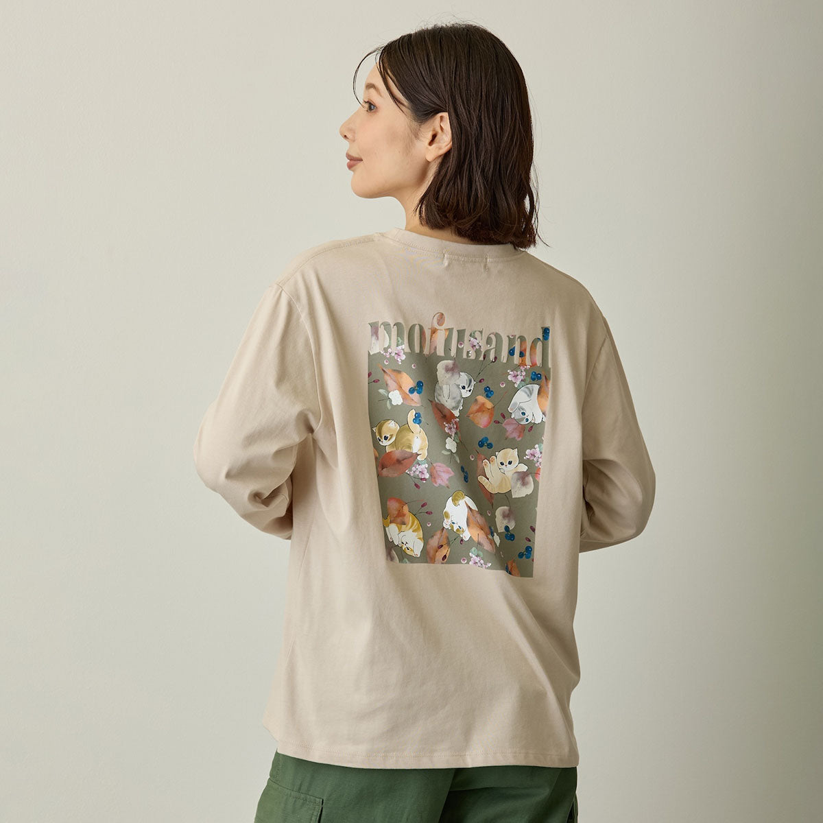 mofusand x Hibiya Kadan Leaf Pattern Beige Long Sleeve T-Shirt 4570189209212