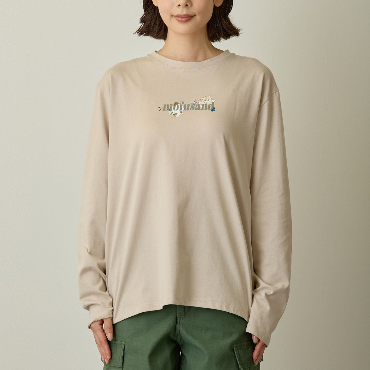 mofusand x Hibiya Kadan Leaf Pattern Beige Long Sleeve T-Shirt 4570189209212
