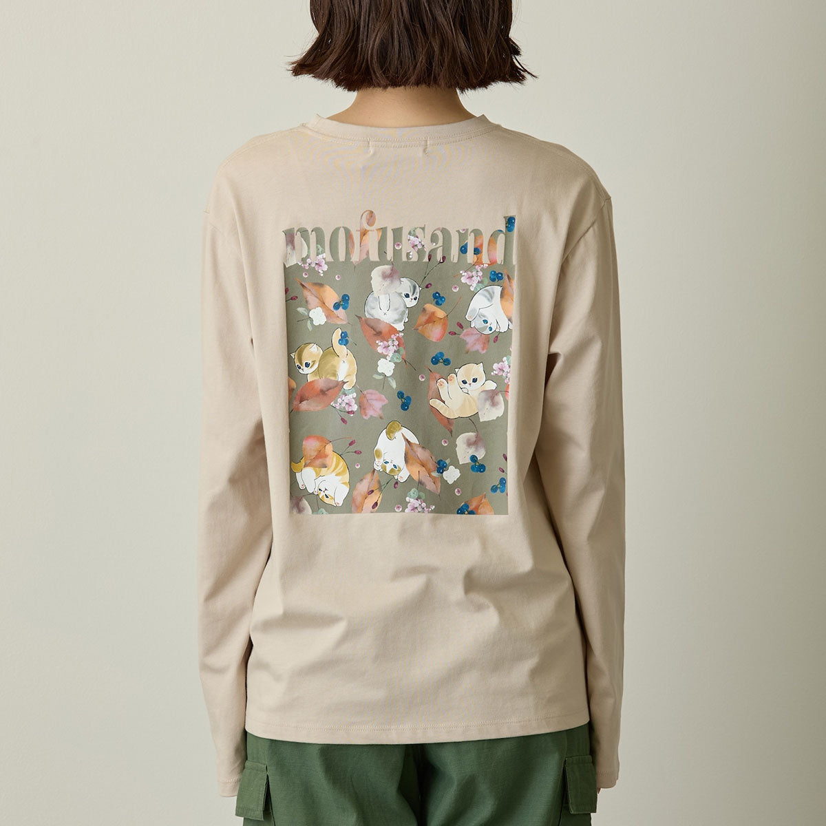 mofusand x Hibiya Kadan Leaf Pattern Beige Long Sleeve T-Shirt 4570189209212