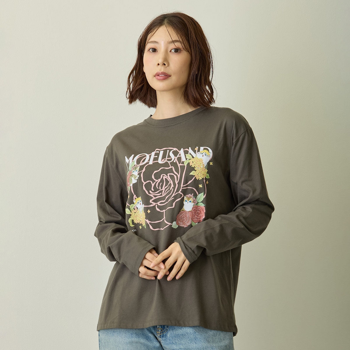 mofusand x Hibiya Kadan Rose Pattern Charcoal Long Sleeve T-Shirt 4570189209236