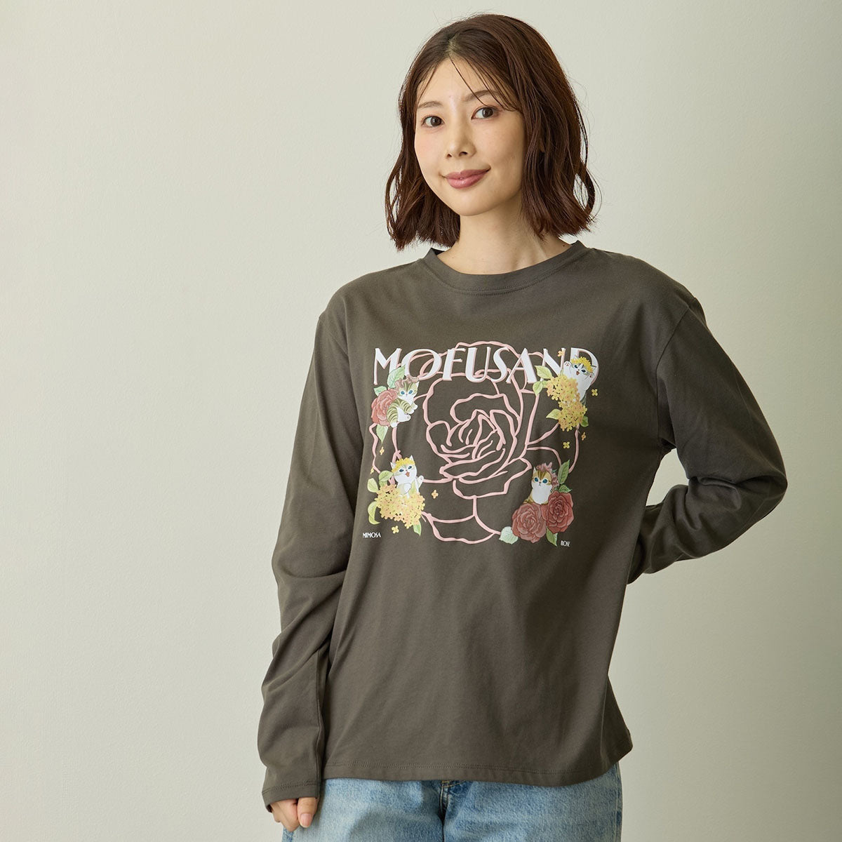 mofusand x Hibiya Kadan Rose Pattern Charcoal Long Sleeve T-Shirt 4570189209236