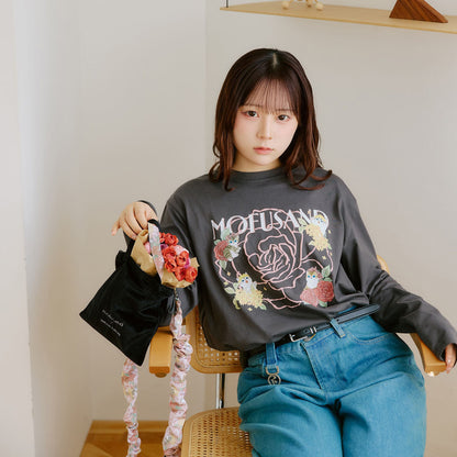 mofusand x Hibiya Kadan Rose Pattern Charcoal Long Sleeve T-Shirt 4570189209236