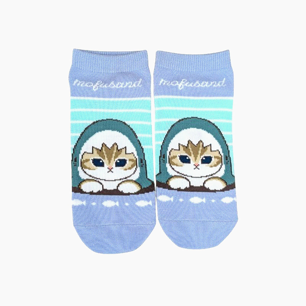 Mofusand Blue Shark Peeking Pattern Ankle Socks Cute Graphic 9-10 in