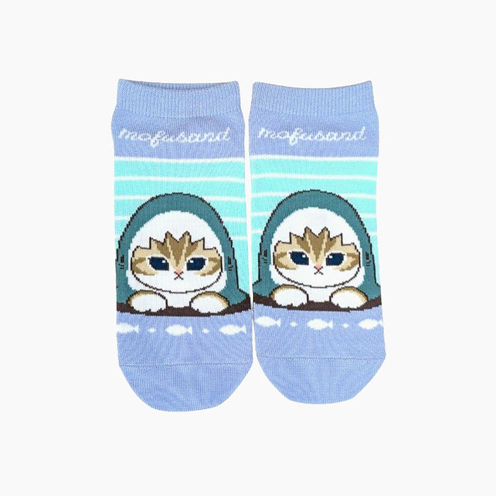 Mofusand Blue Shark Peeking Pattern Ankle Socks Cute Graphic 9-10 in