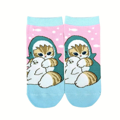 Mofusand Blue Shark Friend Pattern Ankle Socks Front Print