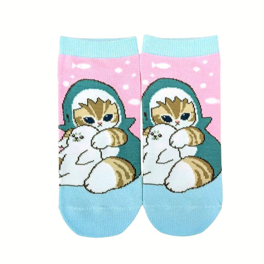 Mofusand Blue Shark Friend Pattern Ankle Socks Front Print