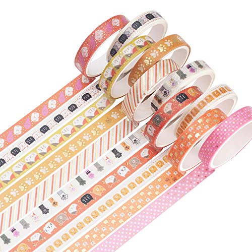 YUBBAEX Decorative Washi Masking Tape 10-Roll Set Gold Foil 0.3-Inch