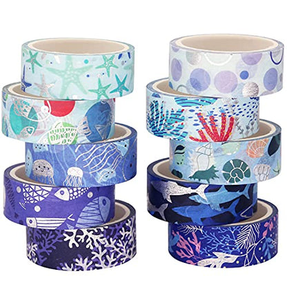 YUBX Washi Masking Tape Silver Foil 10 Ocean Theme 0.59in