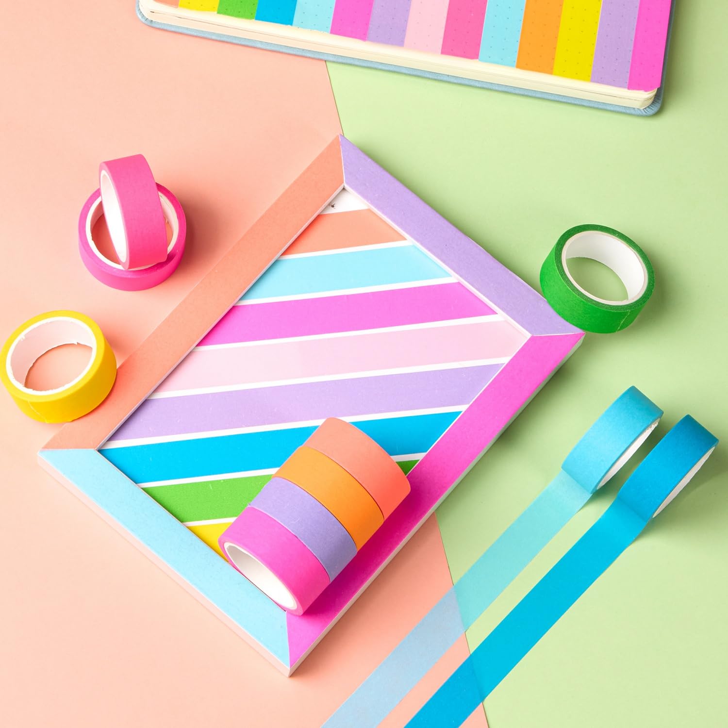 YUBX 10-Piece Washi Tape Set Fluorescent Pastel 0.6in x 16.4ft