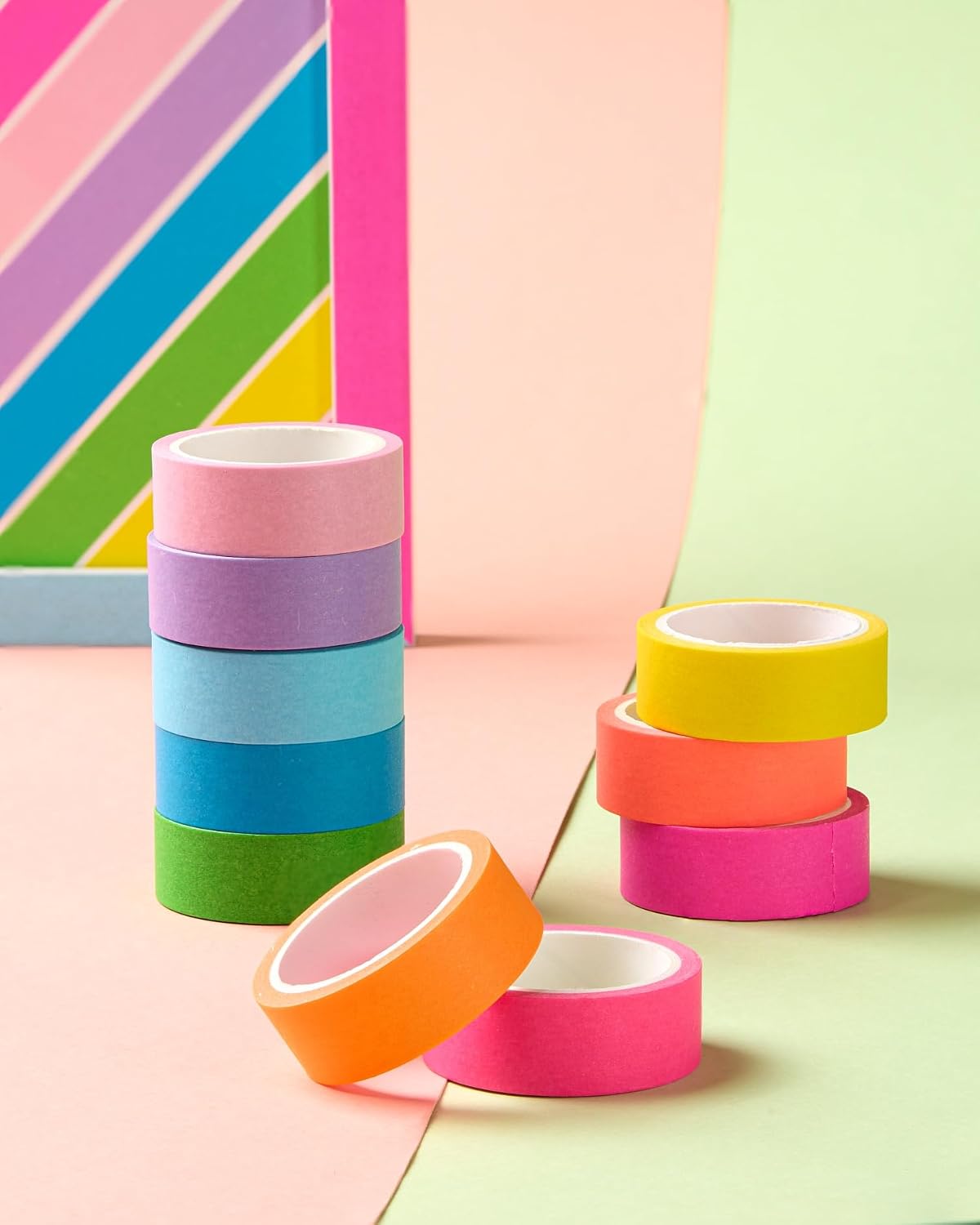 YUBX 10-Piece Washi Tape Set Fluorescent Pastel 0.6in x 16.4ft