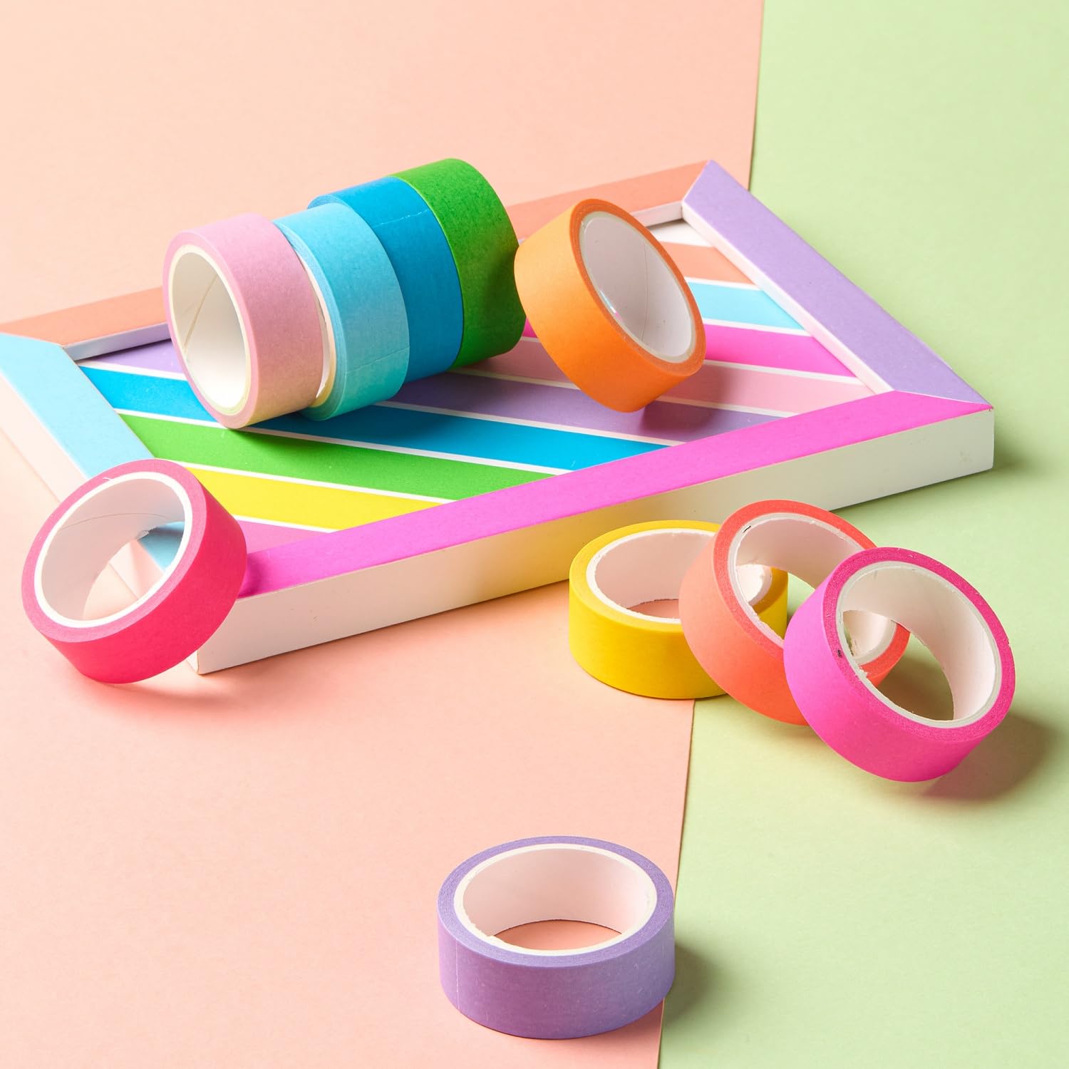 YUBX 10-Piece Washi Tape Set Fluorescent Pastel 0.6in x 16.4ft