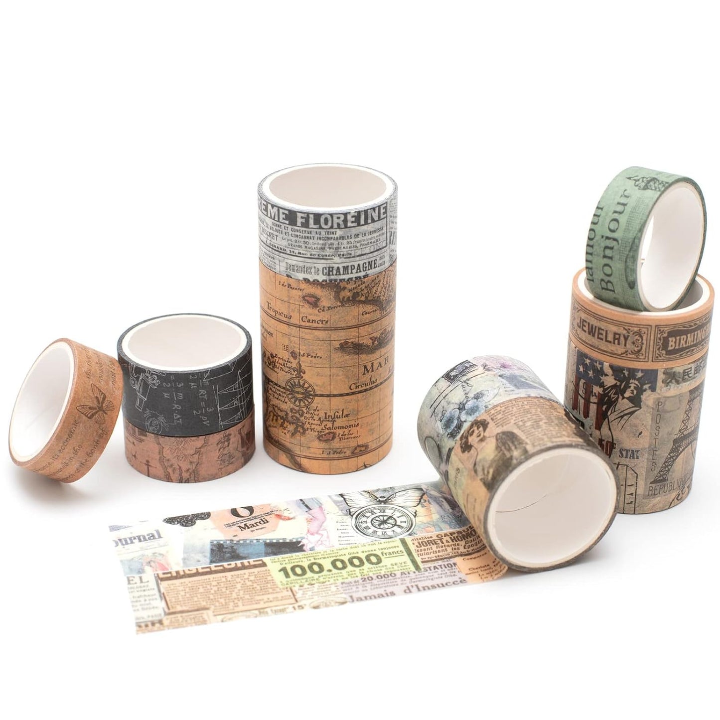YUBX Vintage Washi Tape Set 10-Rolls Antique Map Design