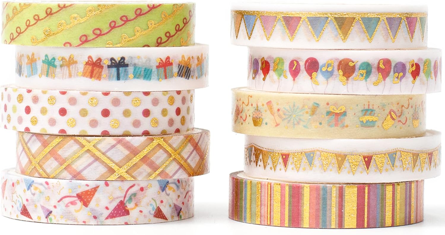 YUBBAEX Decorative Washi Masking Tape 10-Roll Set Gold Foil 0.3-Inch
