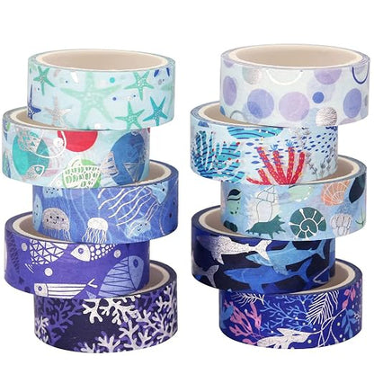 YUBX Washi Masking Tape Silver Foil 10 Ocean Theme 0.59in