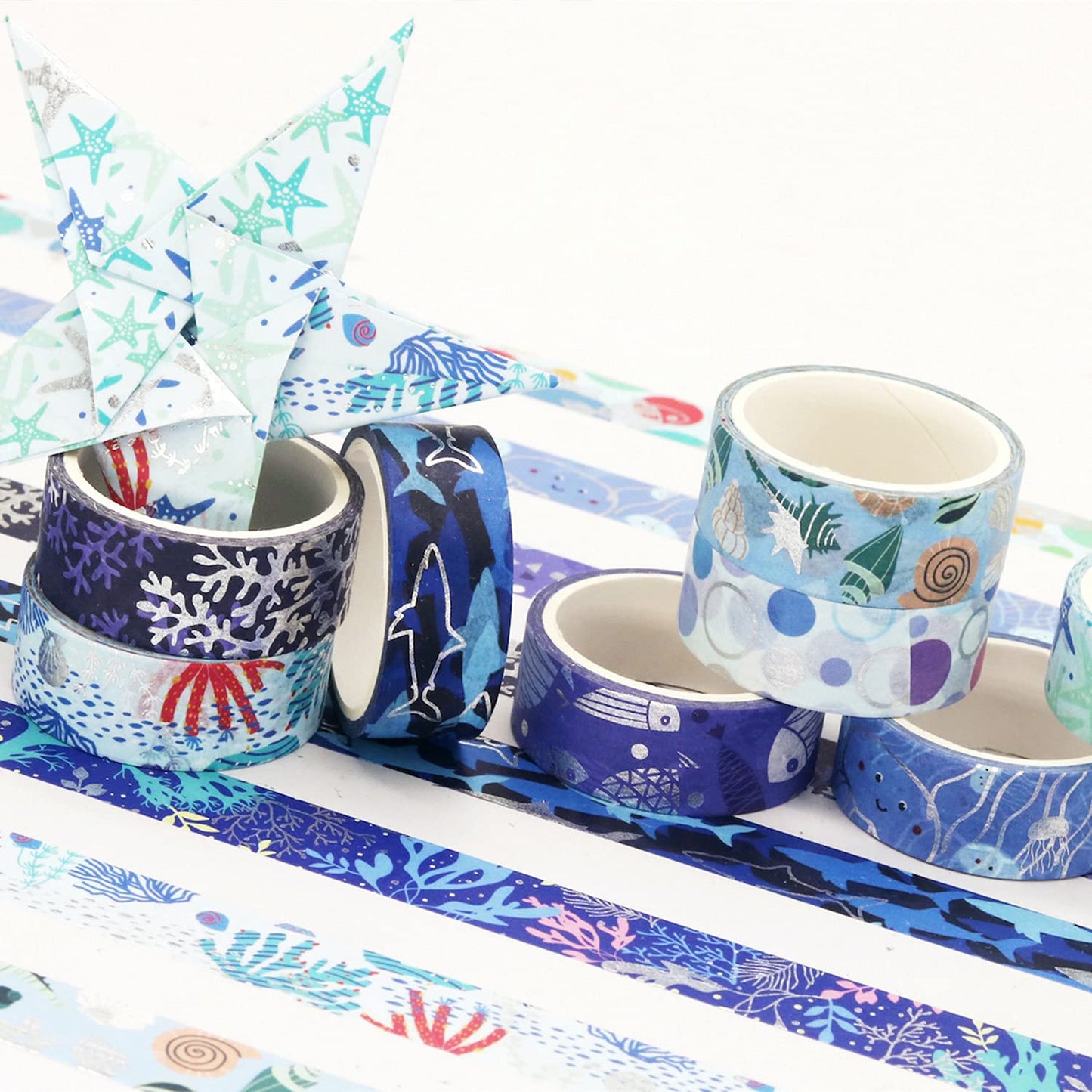 YUBX Washi Masking Tape Silver Foil 10 Ocean Theme 0.59in