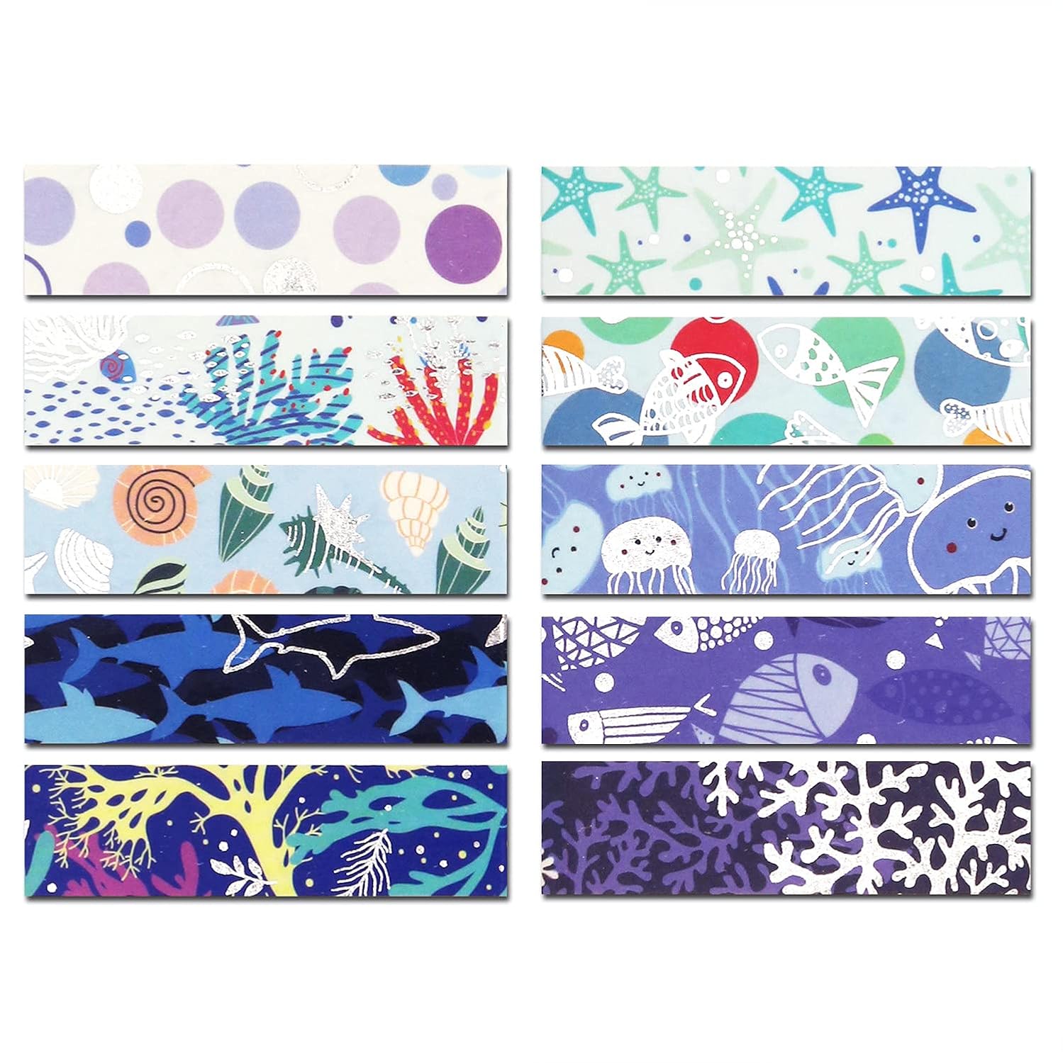 YUBX Washi Masking Tape Silver Foil 10 Ocean Theme 0.59in