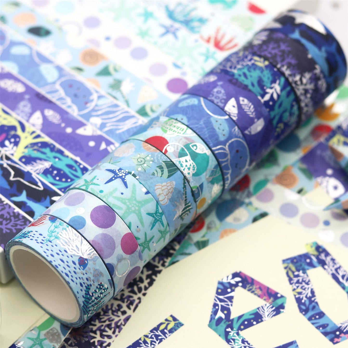 YUBX Washi Masking Tape Silver Foil 10 Ocean Theme 0.59in