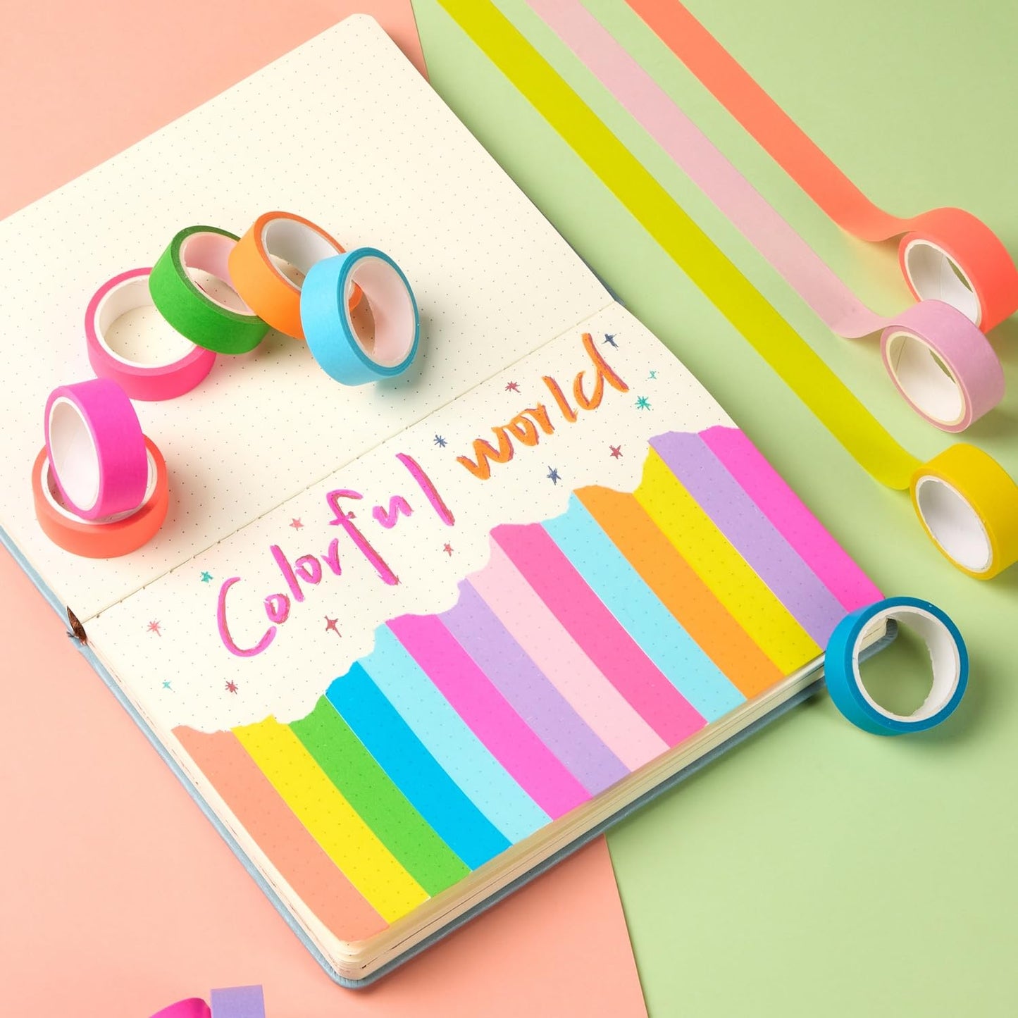 YUBX 10-Piece Washi Tape Set Fluorescent Pastel 0.6in x 16.4ft