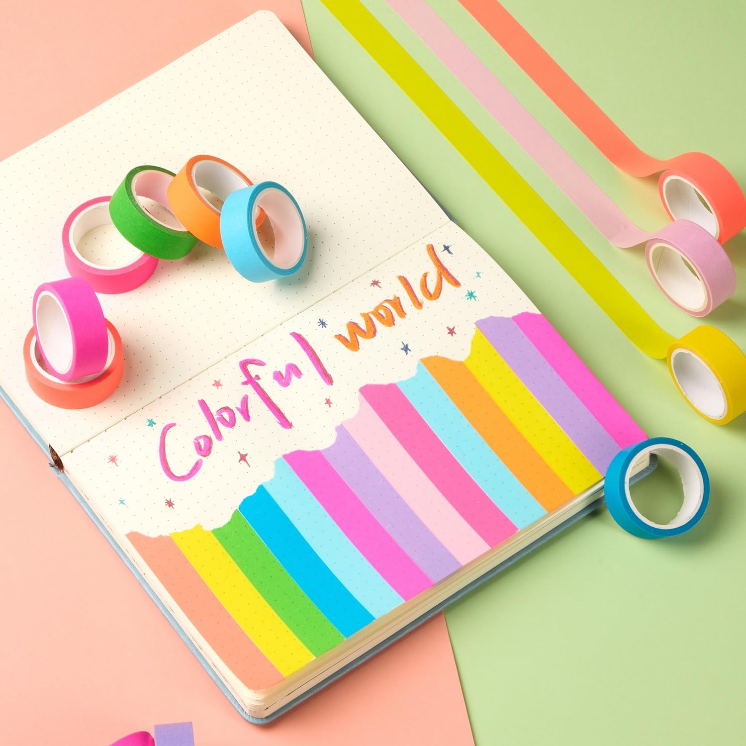 YUBX 10-Piece Washi Tape Set Fluorescent Pastel 0.6in x 16.4ft