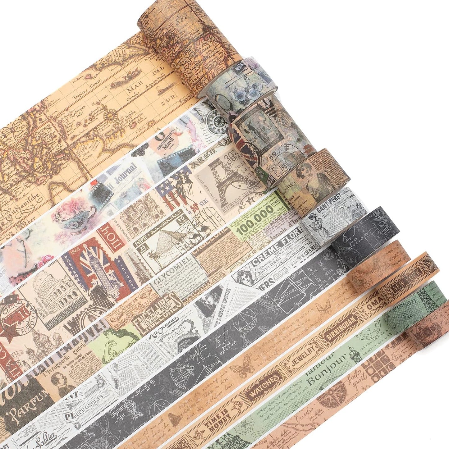 YUBX Vintage Washi Tape Set 10-Rolls Antique Map Design