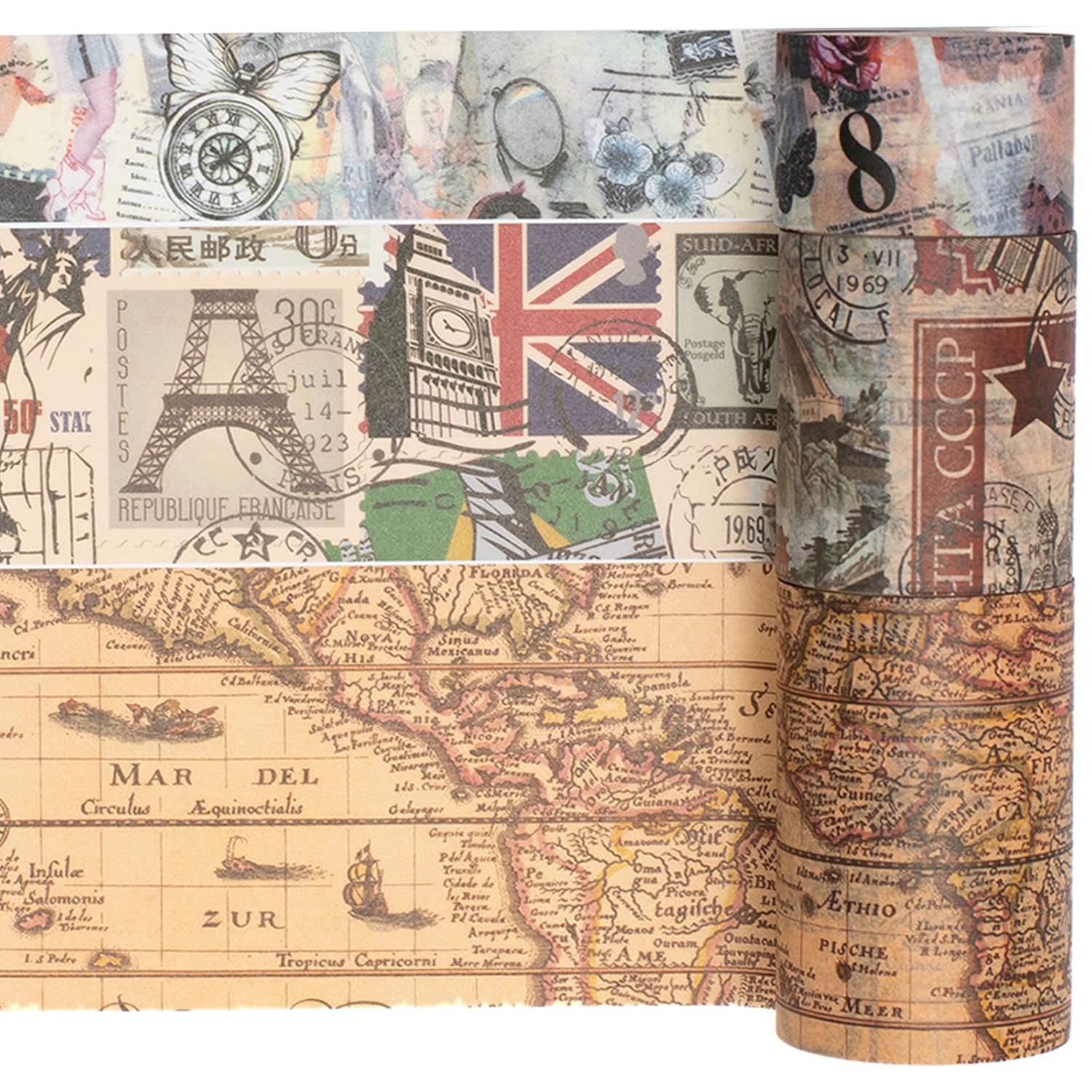 YUBX Vintage Washi Tape Set 10-Rolls Antique Map Design