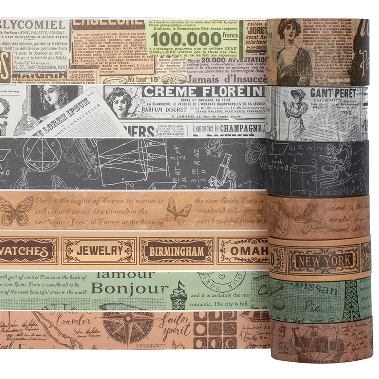 YUBX Vintage Washi Tape Set 10-Rolls Antique Map Design