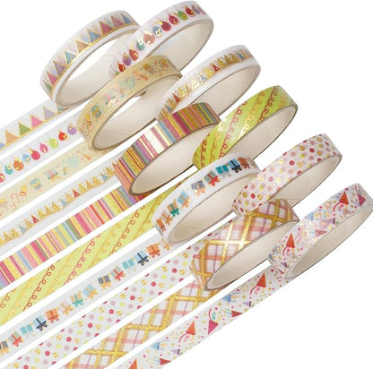 YUBBAEX Decorative Washi Masking Tape 10-Roll Set Gold Foil 0.3-Inch