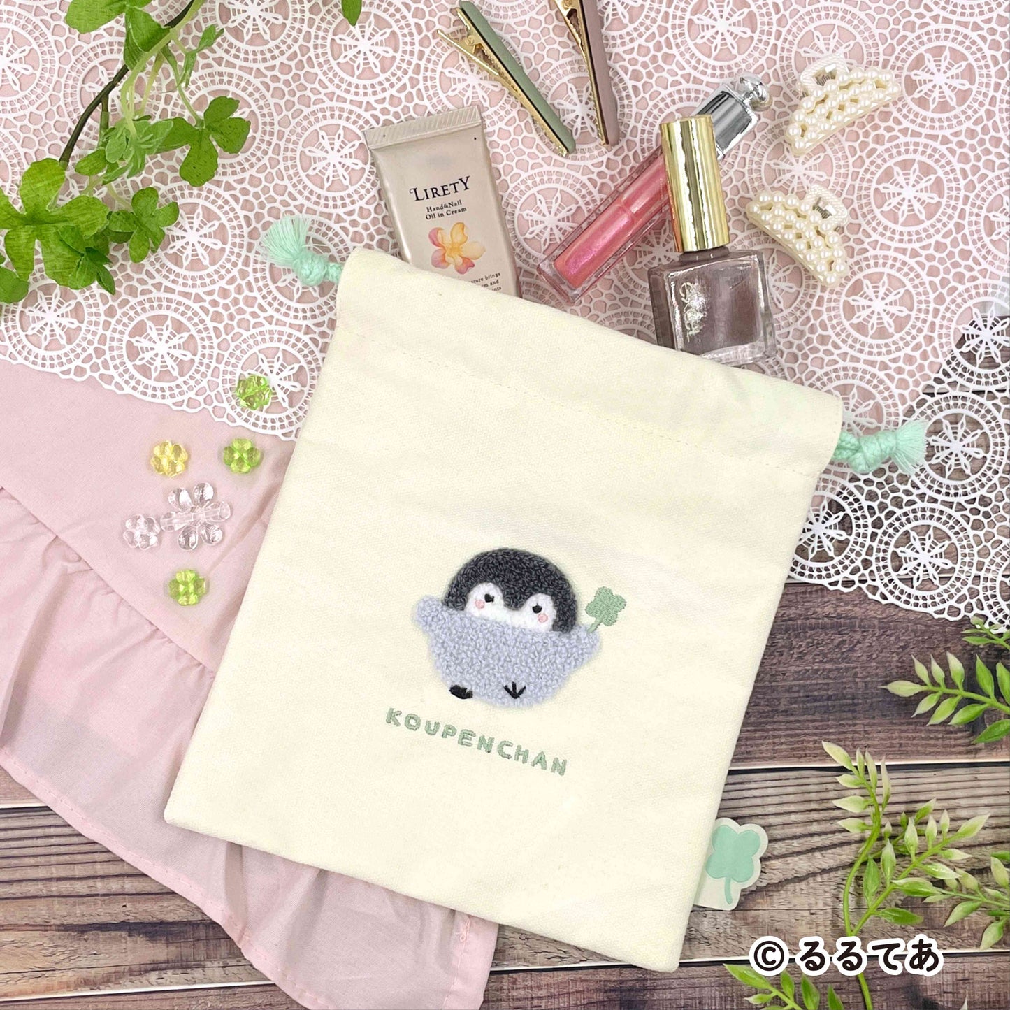 Koupen-chan Fluffy Pastel Drawstring Bag with Sagara Embroidery