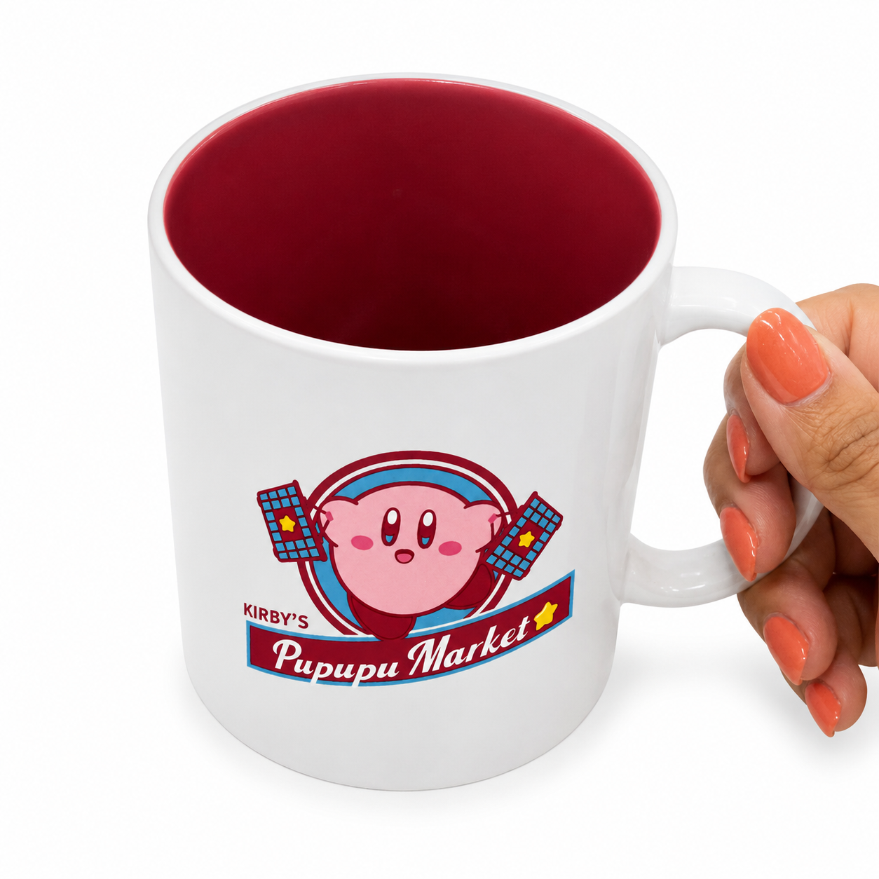 Kirby’s Pupupu Market Ceramic Mug – Cute Kirby Coffee Cup with Red Interior - Yorozuya Store